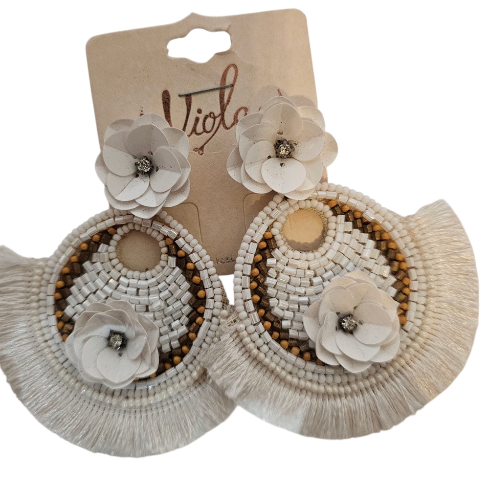 Elegant White and Brown Fringe Earrings